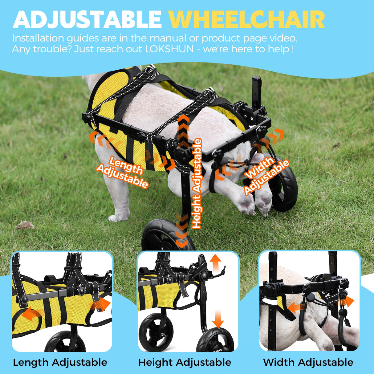 LOKSHUN Small Dog Wheelchair for Back Legs, Adjustable Rear Leg Mobility Support for Small Dogs up to 22 lbs, Lightweight Dog Mobility Cart with 2-in-1 Leash, LED Light, Heavy-Duty Wheels (Yellow-S).