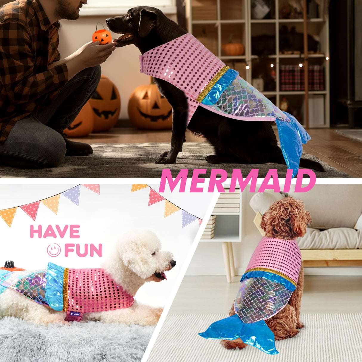 cyeollo Mermaid Dog Costume Halloween Clothes for Doggie Sequin Mermaid Small Dog Party Outfit Funny Pet Costumes for Small Dogs Size S