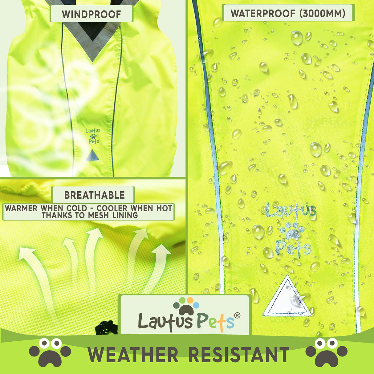 Lautus Pets Waterproof Dog Rain Coat, Reflective Safety Strips & Leash Hole – Lightweight Adjustable Jacket for Medium Breeds - M, Yellow