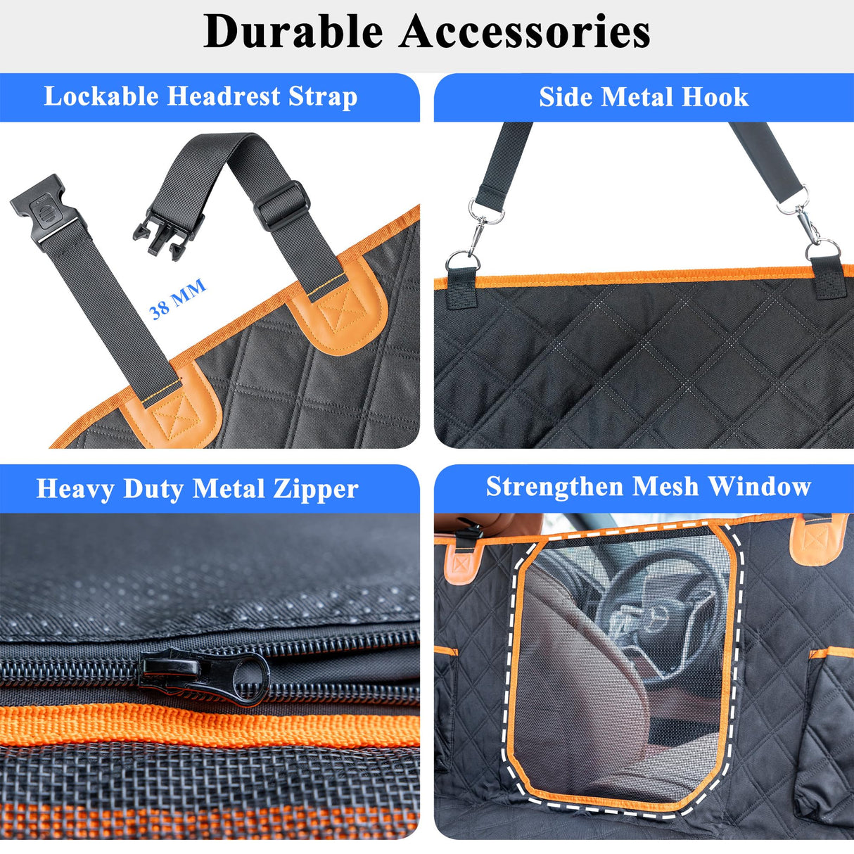VIVASNIFF Hard Bottom Back Seat Extender for Dogs, Waterproof Dog Car Seat Cover, 420lb Support, 600D Heavy Duty Car Seat Protector Dog Hammock for Sedan, SUV, Small Truck(Black & Orange)