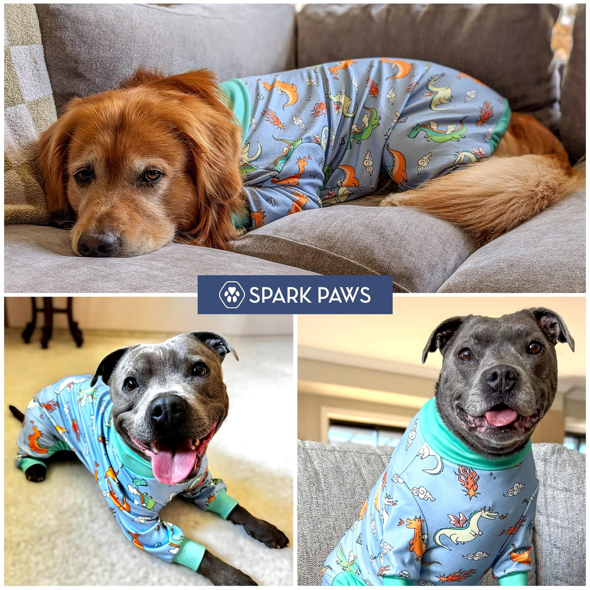 Spark Paws Dog Pajama, Dog Recovery Suit Male, Onesie, Ultra-Soft and 4-Way Stretch, for Small Medium and Large Breeds - Dragons - 3XL