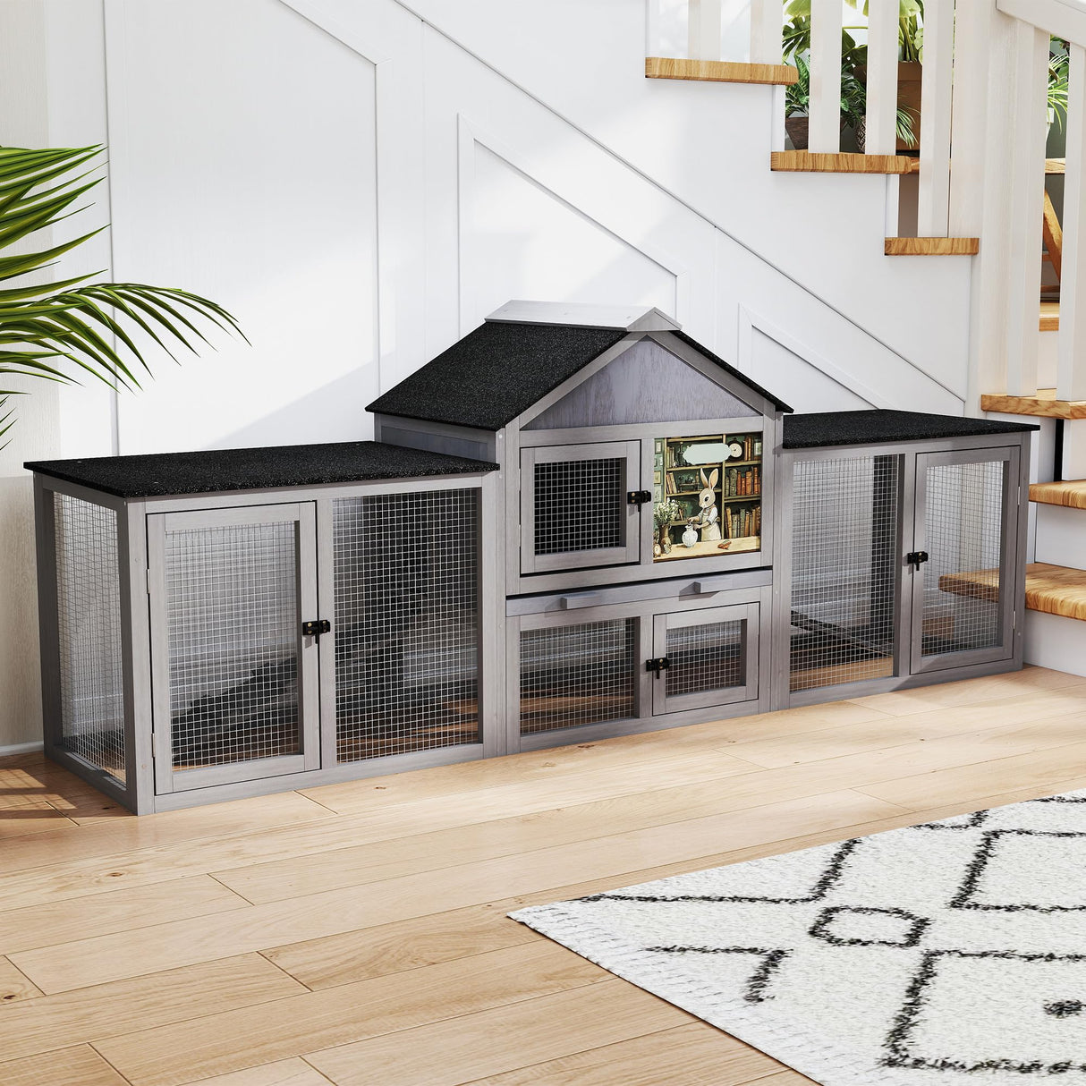 COZIWOW 82inches Extra Large Wood Rabbit Hutch Outdoor Easy to Assemble and Stable Bunny Cage Indoor with Cleaning Tray & Waterproof Roof for Small and Medium Bunny Rabbit Chick（Grey with Pattern）