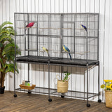 PawHut 65" Double Rolling Metal Bird Cage with Divider, Large Parrot Cage for Parakeet, Canaries, Lovebirds, Budgie, Finch, with Detachable Rolling Stand, Storage Shelf, Wood Perch & Food Container