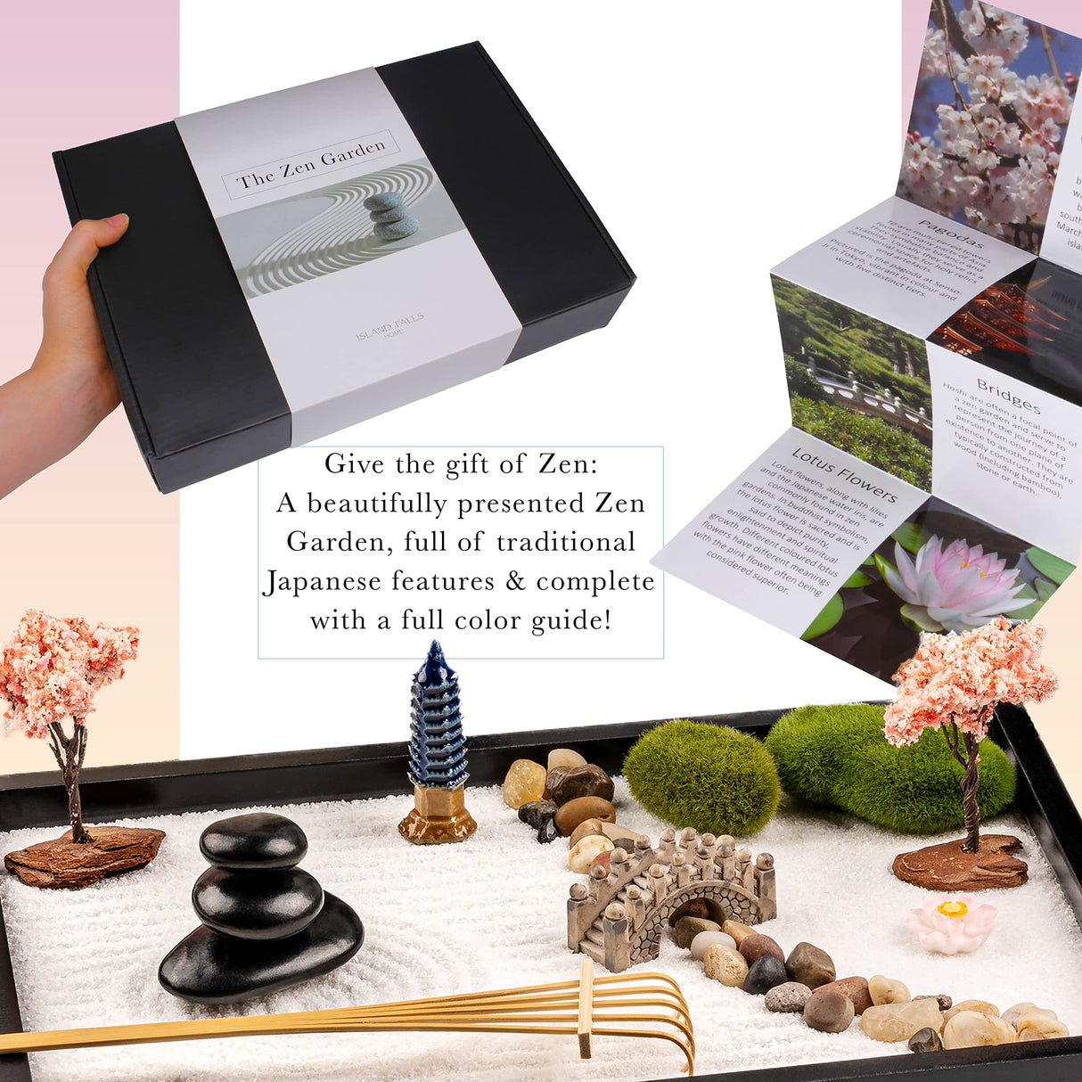Island Falls Home Zen Garden Kit 11x8in. Beautiful Japanese Decor Mini Rock Feature Gift Set for Home, Office Desk. Zen Sand Garden, 6 Tools, 15 Accessories. Sand Tray Therapy Desktop Meditation Room