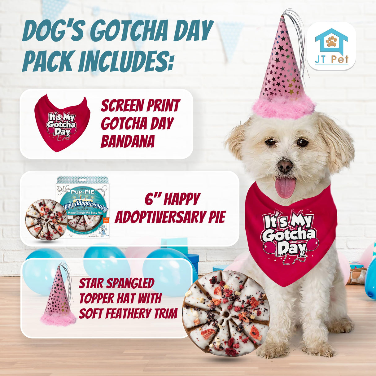 JT PET Dog Gotcha Day Party Pack with Bandana, Star Spangled Adjustable Elastic Party Hat with Tassels and Feathery Trim, Vegan Pie Included, Pink Girl, Small