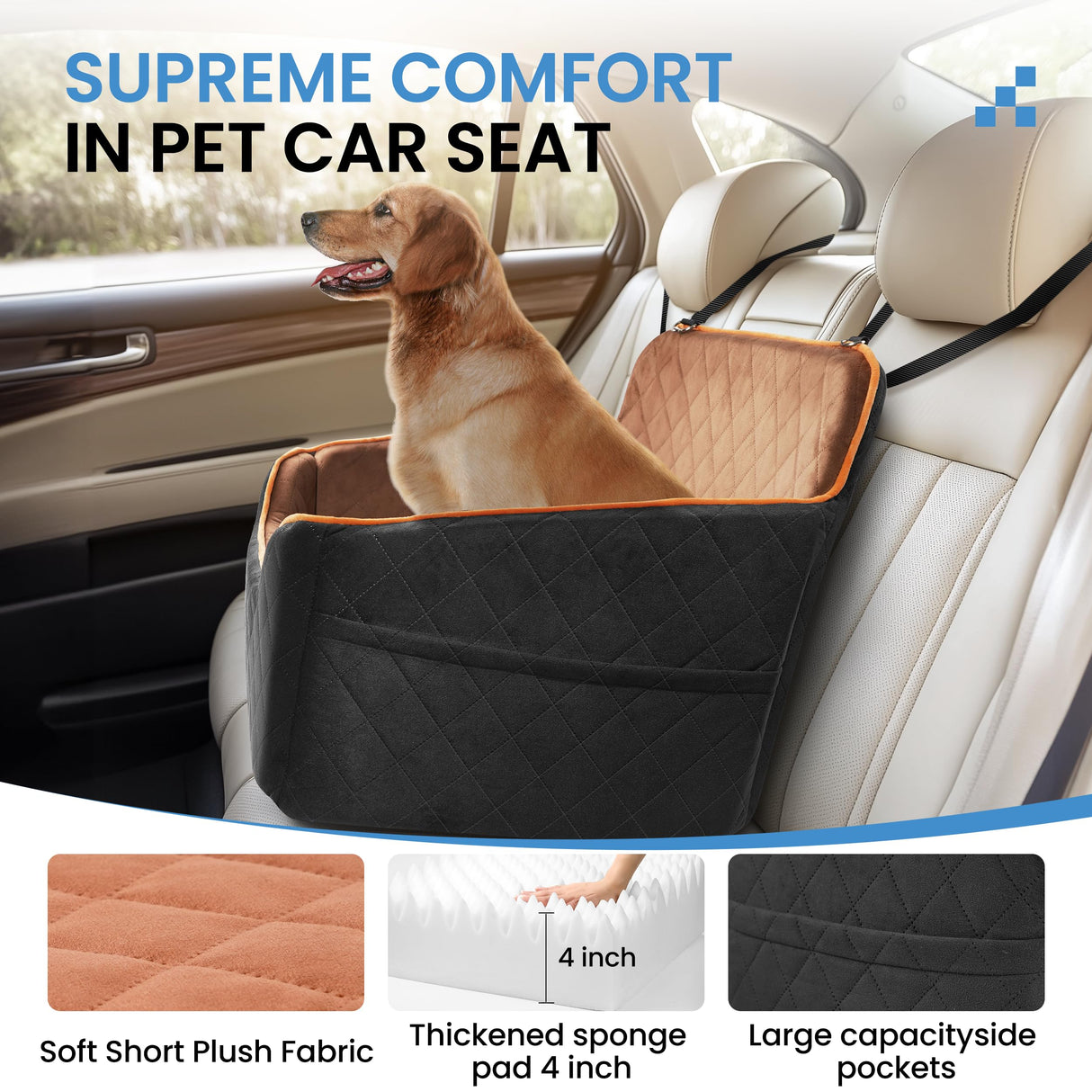 Dog Car Seat for Medium Dogs - Pet Car Seat with 2 Safety Straps & Waterproof Padding, Portable Pet Carrier for Cars, Trucks & SUVs, Comfortable Booster Bed for Pets Up to 55lbs (Black/Coffee)