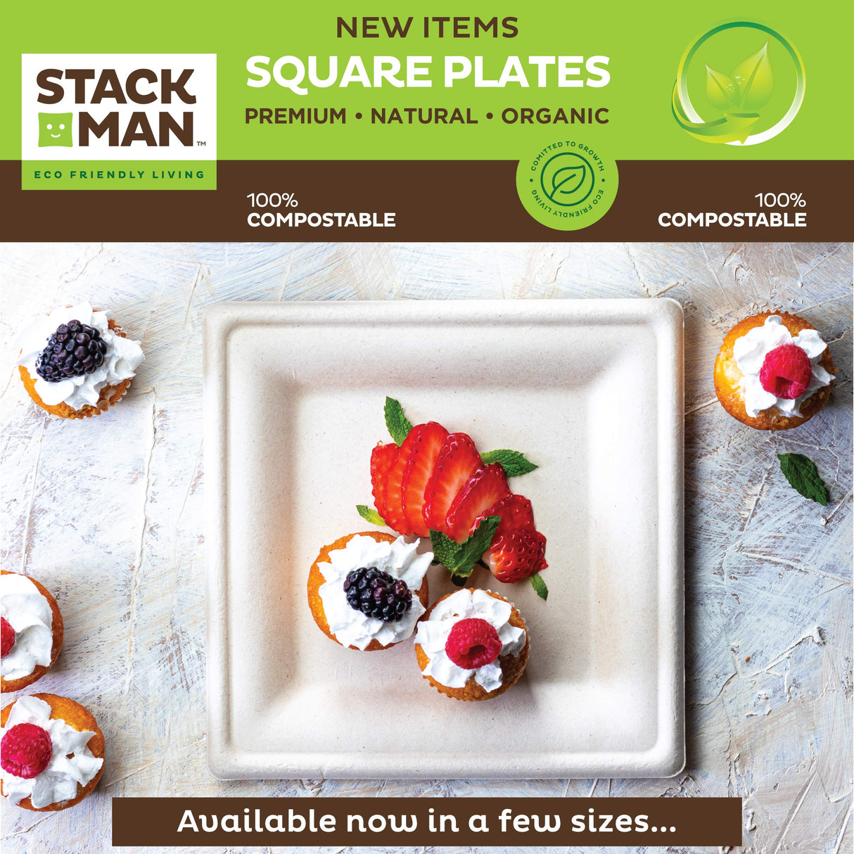100% Compostable Square Paper Plates [50-Pack] - {PFAS-Free} - {BPI Certified} - [10 Inch] Heavy Duty, Eco-Friendly, Biodegradable Bagasse Dinner Plates - Natural Brown 10" Plate by Stack Man