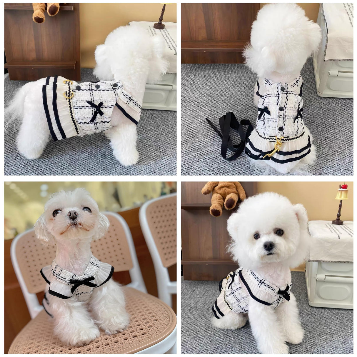 Elegant Dog Plaid Harness with 5FT Leash Set Bowknot Sleeveless Vest Cute Tweed Puppy Dress Outfits Pet Yorkie Birthday Wedding Clothes (Black & White, Small)