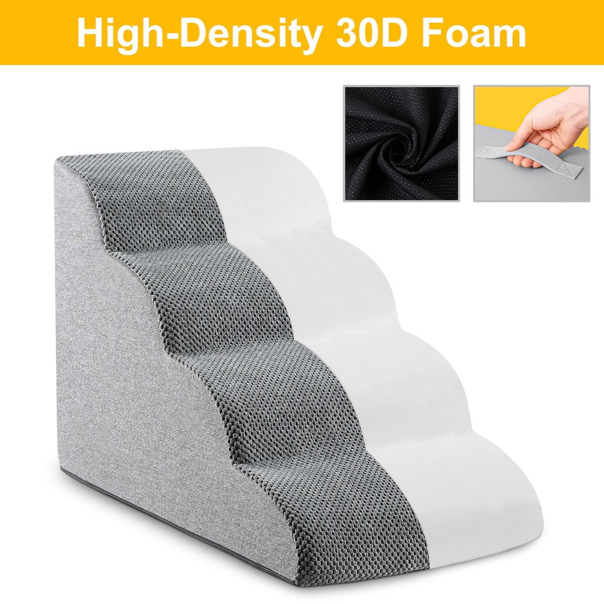 Dog Stairs, 15.7” H – 3-Step Foam Ramp for Small Dogs & Cats, Waterproof Washable Cover, Non-Slip Base, Lightweight Pet Ladder for Couch or Bed (Grey)