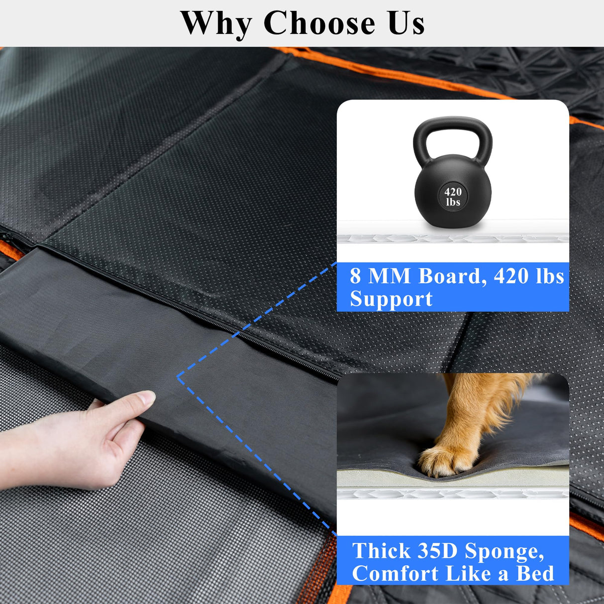 VIVASNIFF Hard Bottom Back Seat Extender for Dogs, Waterproof Dog Car Seat Cover, 420lb Support, 600D Heavy Duty Car Seat Protector Dog Hammock for Sedan, SUV, Small Truck(Black & Orange)