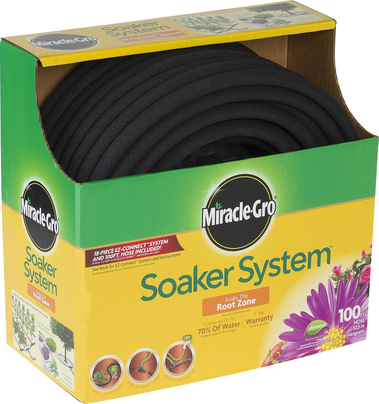 SWAN Products MGSPAK38100CC Miracle-GRO Soaker System Customizable Hose with Push on Fittings, 100' x 3/8", Black
