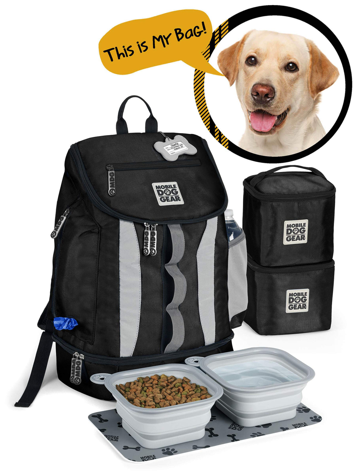 Mobile Dog Gear, Dog Travel Bag, Drop Bottom Week Away Backpack for Medium and Large Dogs, Includes 2 Lined Food Carriers and 2 Collapsible Dog Bowls, Black