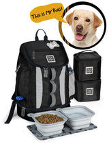 Mobile Dog Gear, Dog Travel Bag, Drop Bottom Week Away Backpack for Medium and Large Dogs, Includes 2 Lined Food Carriers and 2 Collapsible Dog Bowls, Black