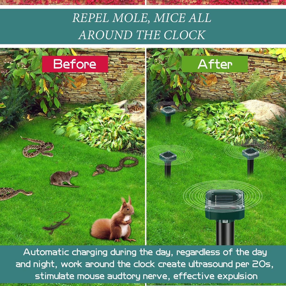 Solar Mole Repellent Ultrasonic Mole Repellent Solar Powered Outdoor Powered Sound Wave Deterrent for Lawn Garden for Snakes Moles Gophers Groundhogs Voles and Other Burrowing Mice(12 Pieces,)