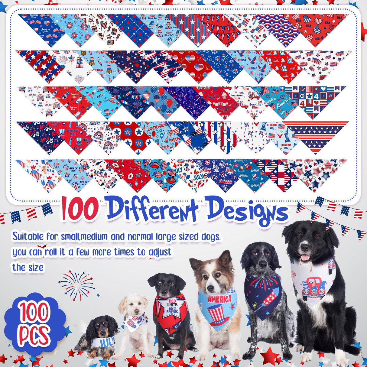 Chunful 100 Pcs 4th of July Dog Bandana Bulk Patriotic Dog Bandana American Flag Scarf Triangle Bibs Washable Puppy Kerchief Adjustable Grooming Supplies for Small Medium Large Dog Cat Accessory