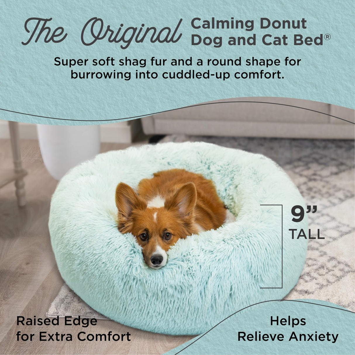 Best Friends by Sheri Original Calming Donut Dog and Cat Bed, Shag Faux Fur, Baby Blue, (30in x 30in) - Anxiety Relief for Pets Up to 45 lbs