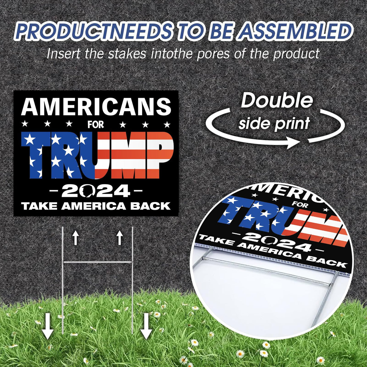 Double Sided 2024 Trump Yard Signs, 17" X 13" Trump 2024 Yard Sign, Take America Back Trump Signs for Yard Metal H-Frames, 2pcs Small Trump Flag, 4pcs Trump Tattoos