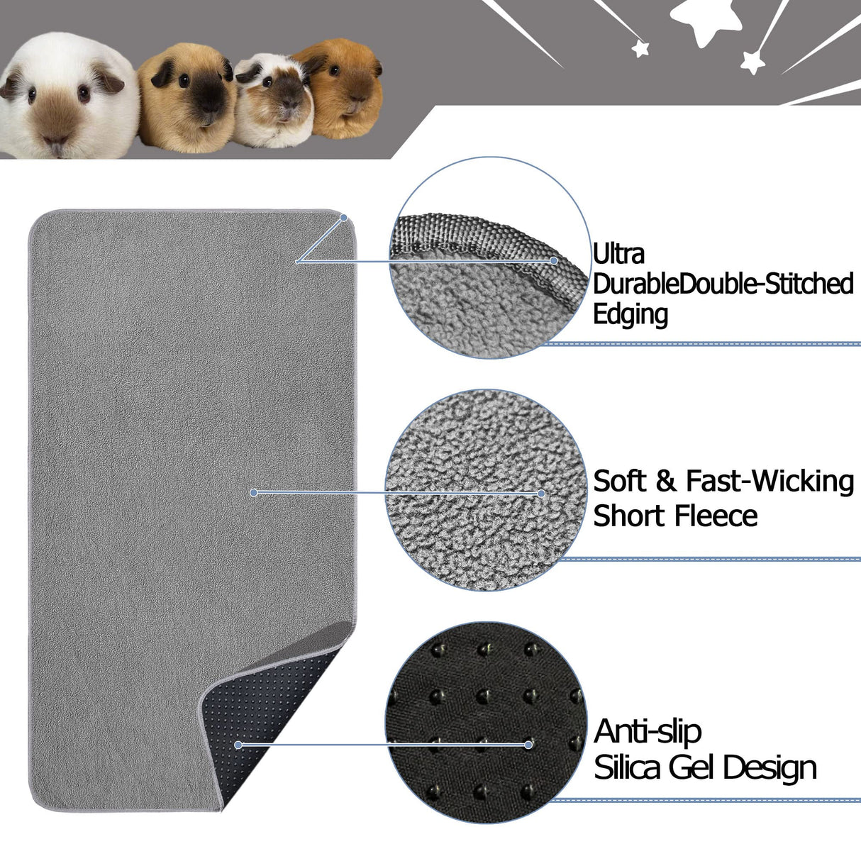 GINIDEAR Guinea Pig Cage Liner, 4 Pack - Washable, Reusable, Leakproof Fleece Bedding Pads for Small Animals with Anti-Slip Bottom - for 15''X29'' Area, Gray
