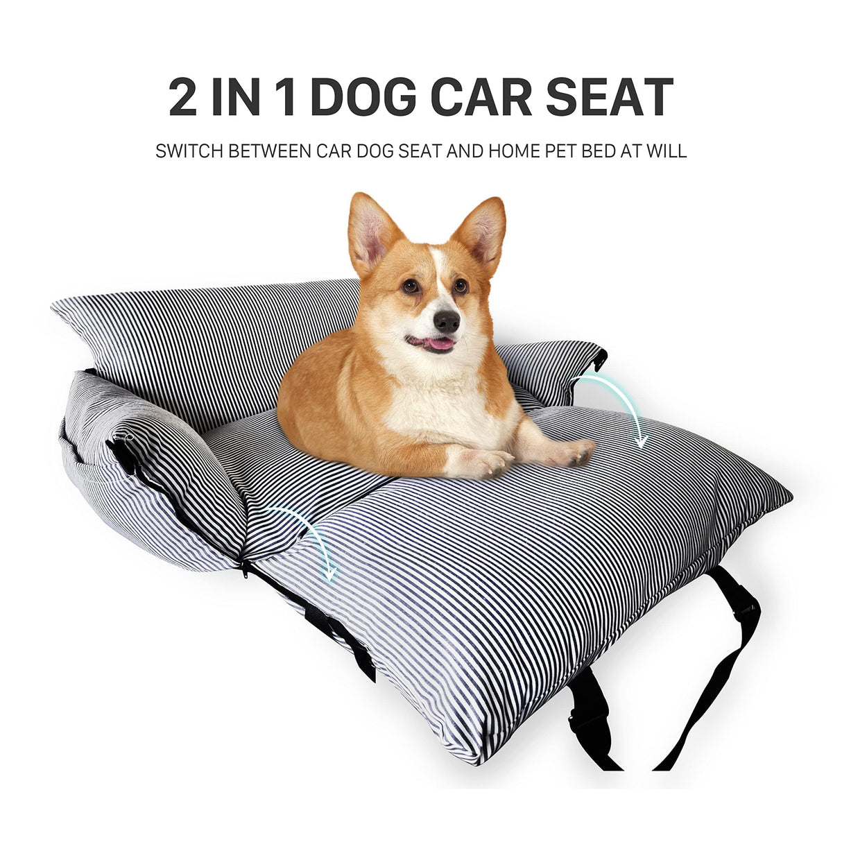 BNCKTRD Dog Car Seat for Medium Dogs Under 60 lbs Pet，2 in 1 Booster Seats Dog Bed for Car and Home Safety Travel Carrier with 2 Pockets, Blau Stripes