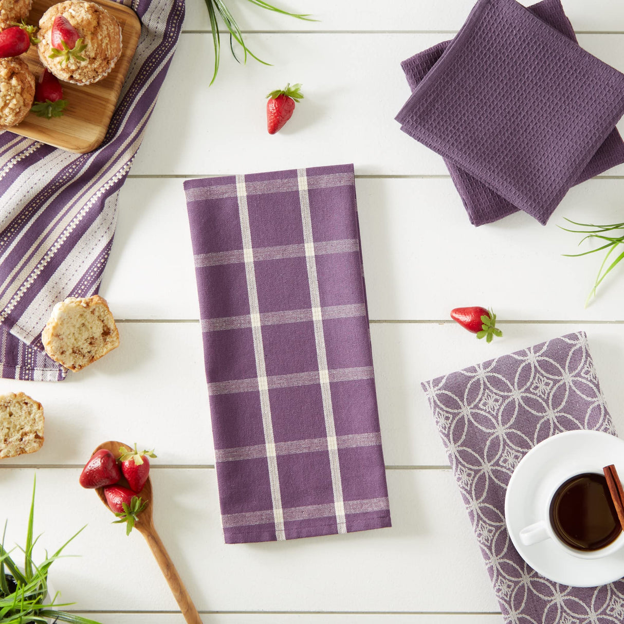 Assorted Woven Kitchen Set, Dishtowel, 18x28, Dishcloth, 13x13, Eggplant, 5 Piece