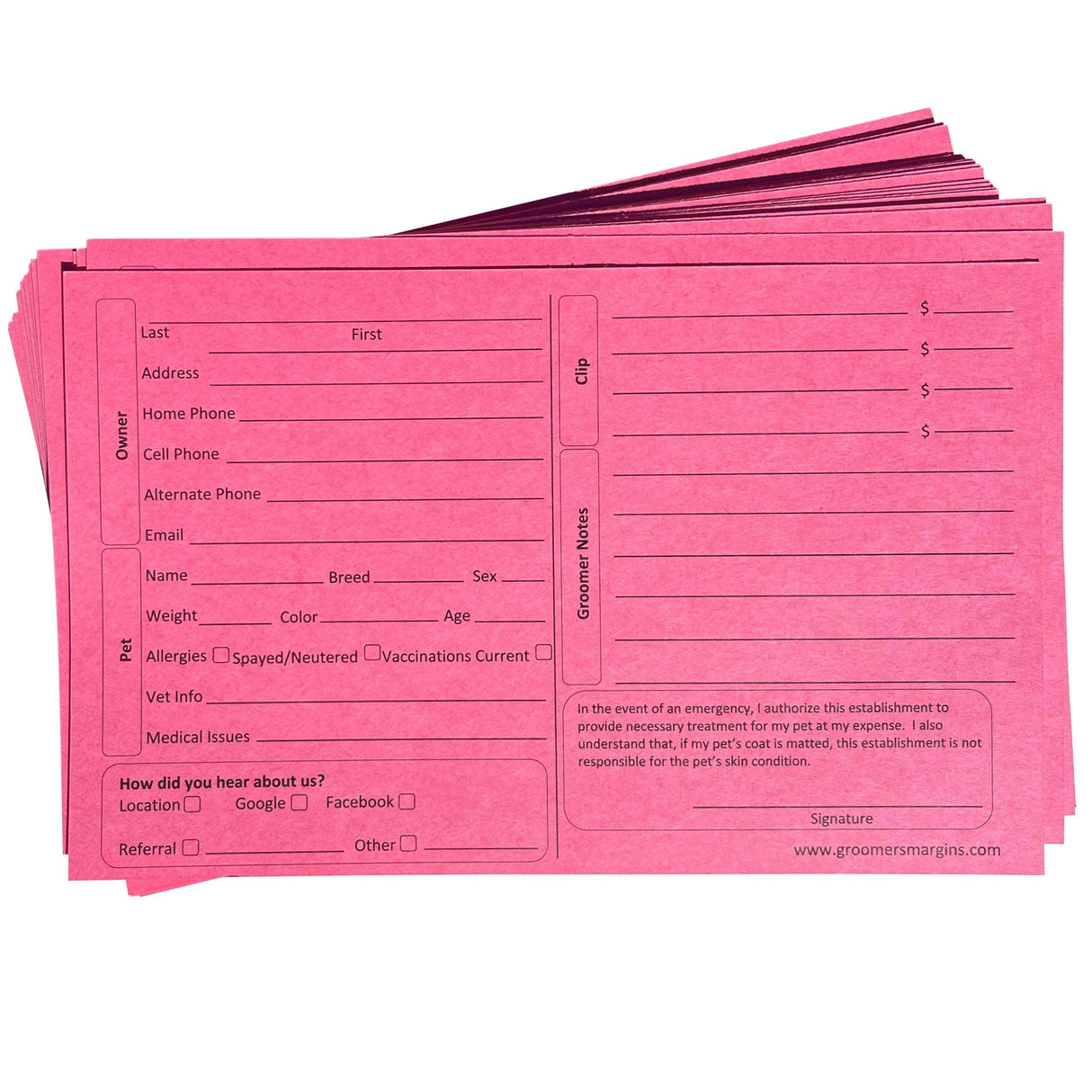 Groomers Margins Pink Dog Grooming Cards 5X8 Inch (100 Pack 8 X 5 inches) Dog Groomer Client Cards for Veterinarians, Pet Kennel Records, and Cat Grooming