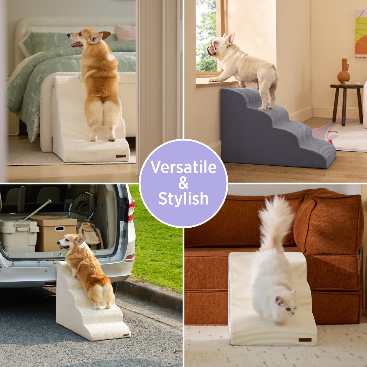 Lesure Dog Stairs for Small Dogs Pet Steps Ramp for High Bed and Couch with CertiPUR-US Certified Foam with Non-Slip Bottom, Grey, 4 Steps