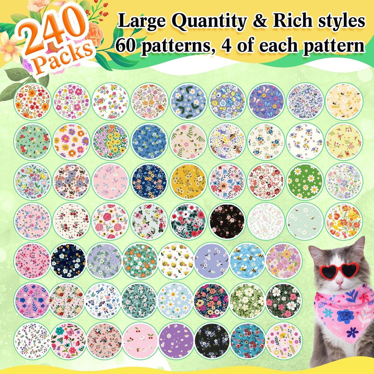 Geyoga 240 Pcs Spring Dog Bandanas Bulk St Patricks Pet Bandanas Adjustable Easter Triangle Dog Grooming Scarf Bibs Kerchief for Small Medium Large Cats Pet Costume(Floral)
