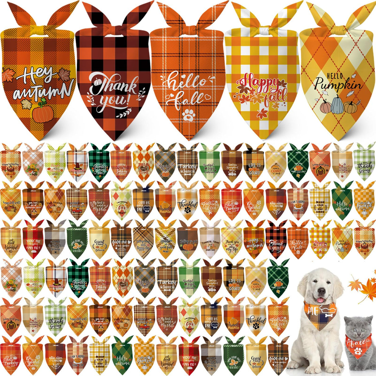 Sweetude 100 Pcs Fall Dog Bandanas Bulk Plaid Bandanas for Dog Autumn Thanksgiving Pet Scarf Bibs Adjustable Triangle Kerchief Grooming Supplies Pet Costume for Small Medium Large