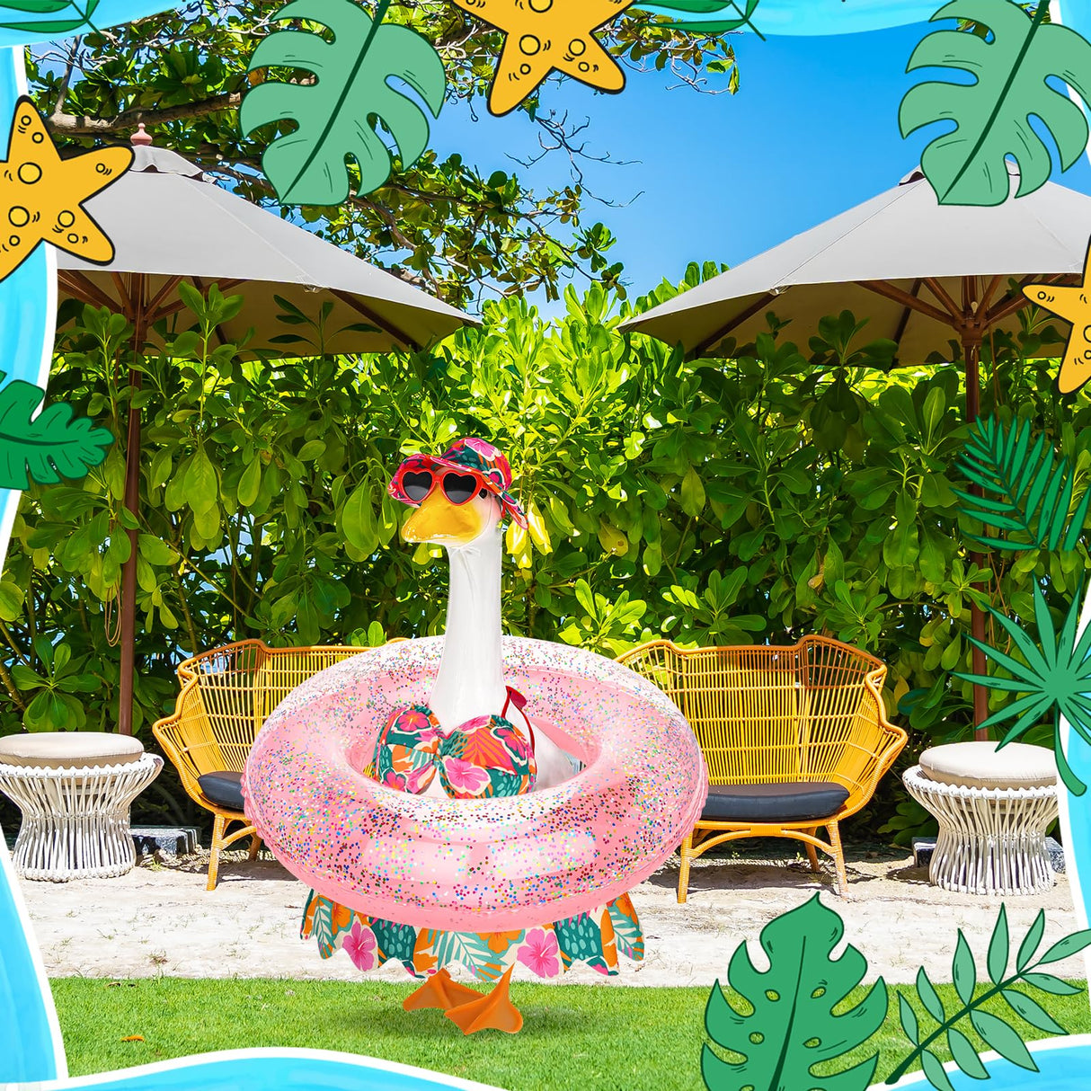 GANSHAYA Hawaiian Porch Goose Outfits Summer Bikini Goose Clothes Costume Fits 23" Goose Statue with Hat Sunglasses & Swimming Ring