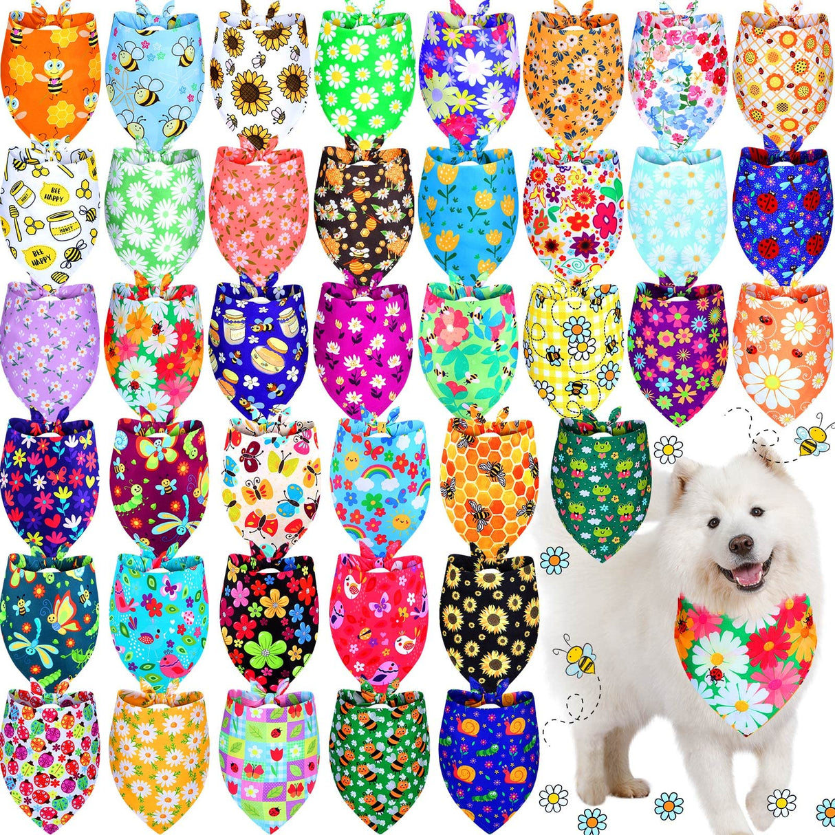 Sadnyy 40 Pcs Summer Spring Dog Bandanas Bulk Flower Hawaiian Triangle Reversible Bandanas for Large Dog Adjustable Pet Kerchief Scarf Washable Cat Scarf for Summer Holiday Pets
