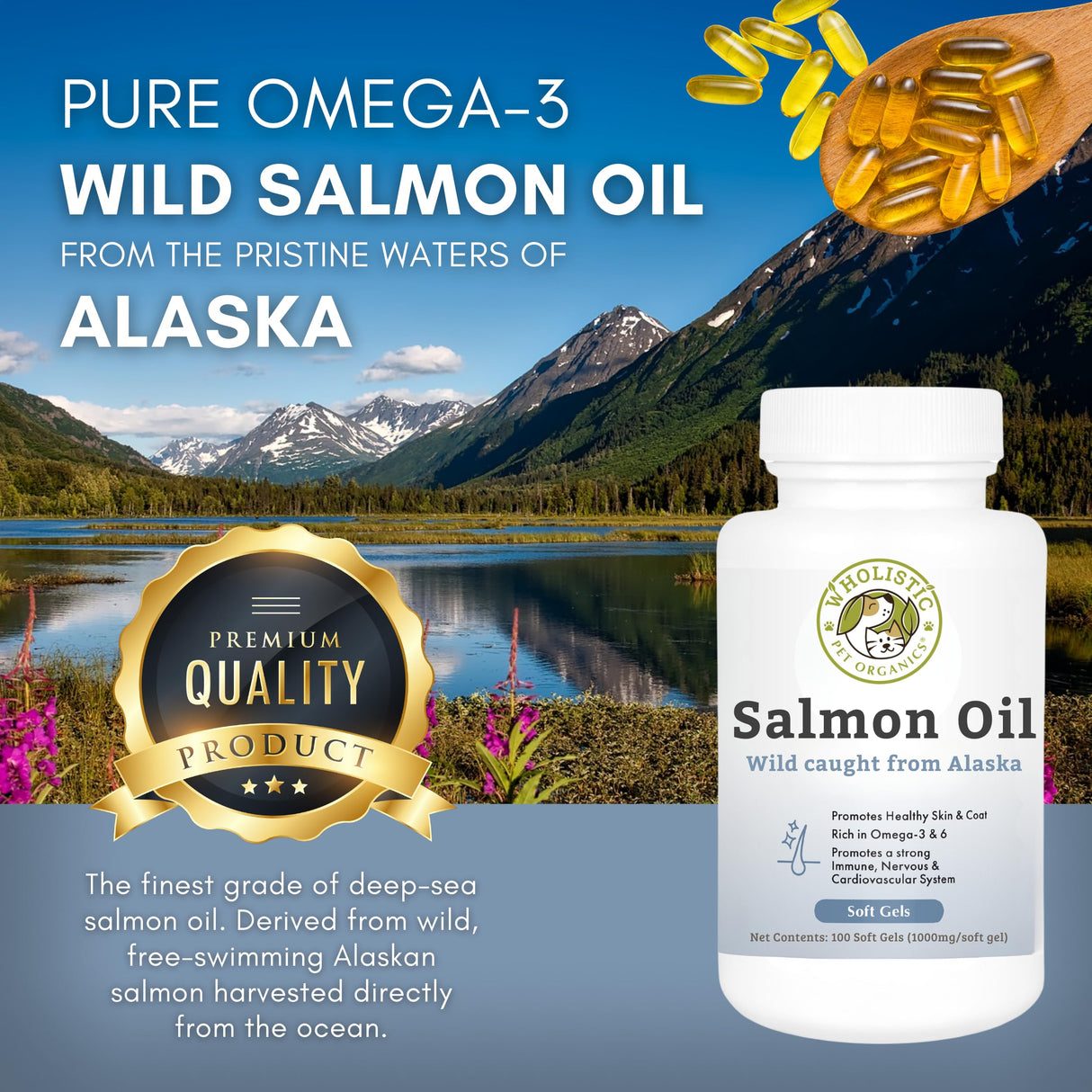Wholistic Pet Organics Wild Alaskan Salmon Oil for Dogs - 100 Soft Gels - Rich Omega 3 Fish Oil with EPA & DHA for Skin, Coat, Joint, and Heart Health - Natural Dog Skin & Coat Care