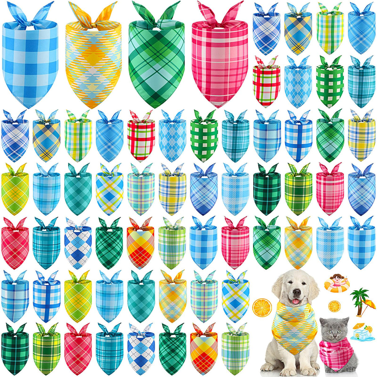 Geyoga 60 Pcs Summer Plaid Dog Bandanas Bulk Hawaiian Pet Scarf Bibs Adjustable Washable Kerchief Seasonal Pet Grooming Supplies for Small to Large Dogs Cats Costume Accessories