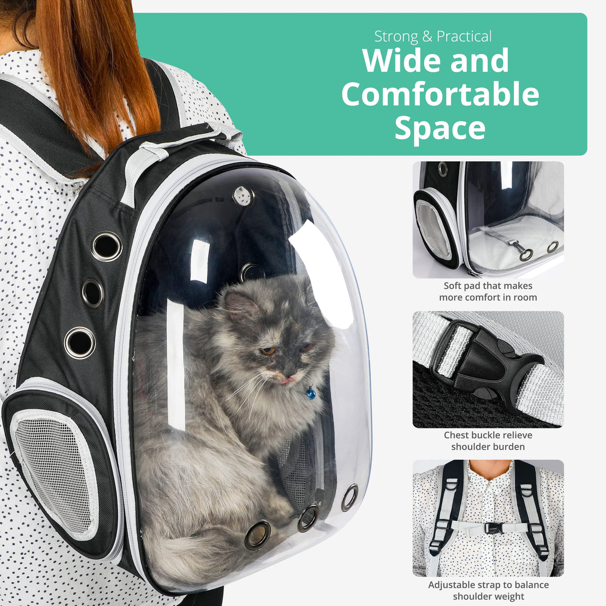 Cat Backpack Carrier with Collapsable Dog Bowl, Cat Collar & Interactive Cat Toy (4 Pcs Set)- Airline Approved Cat Carrier Bag for Medium Dogs & Cats, Animal Carrier Backpacks, Pet Backpack |Black