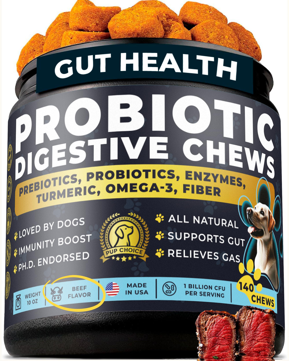 Pup Choice Chewable Dog Probiotics – All-in-One PhD-Endorsed Digestive Enzymes, Prebiotics, Turmeric, Omega-3 & Fiber – Gut, Diarrhea, Itchy Skin & Ear Support – All Ages, Made in USA, 140 Beef Chews