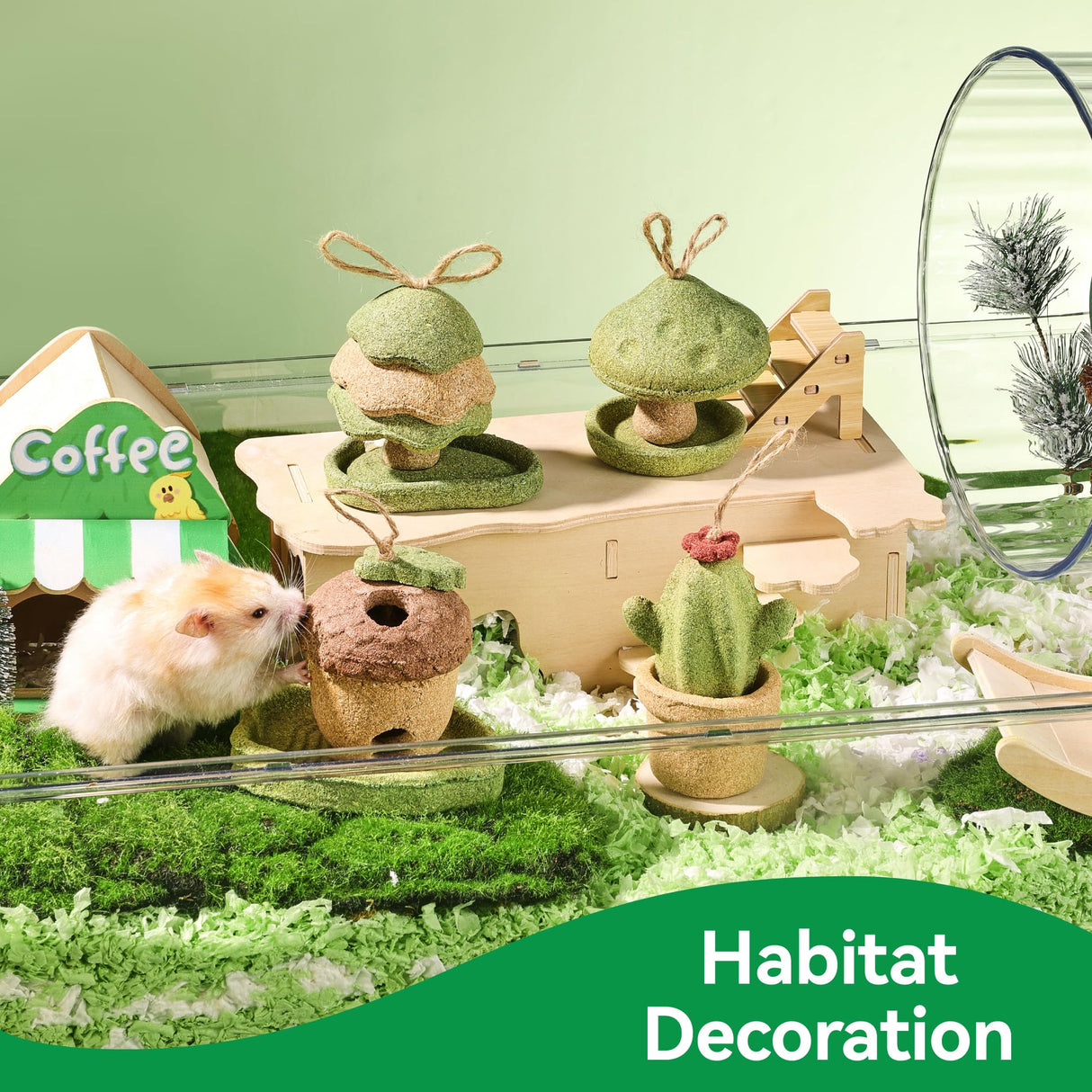 Rodizoo 2 Pack Guinea Pig Chew Toys Natural Rabbit Chew Toys Hamster Molar Teeth Toys, Made with Natural Timothy Grass & Vegetables, Mushroom & Tree Shaped Habitat Decoration, Small Animal Toys