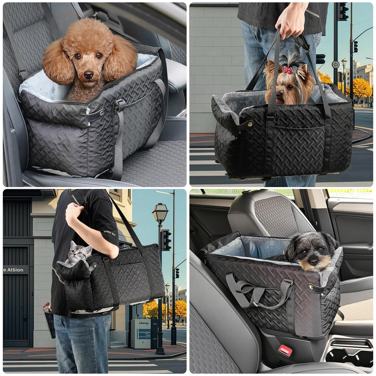 Center Console Dog Car Seat for Small Dogs,Washable Foldable Console Booster Seat for Puppy Car Seat with Safe Protection Hooks Adjustable Straps and Storage Pocket Pet