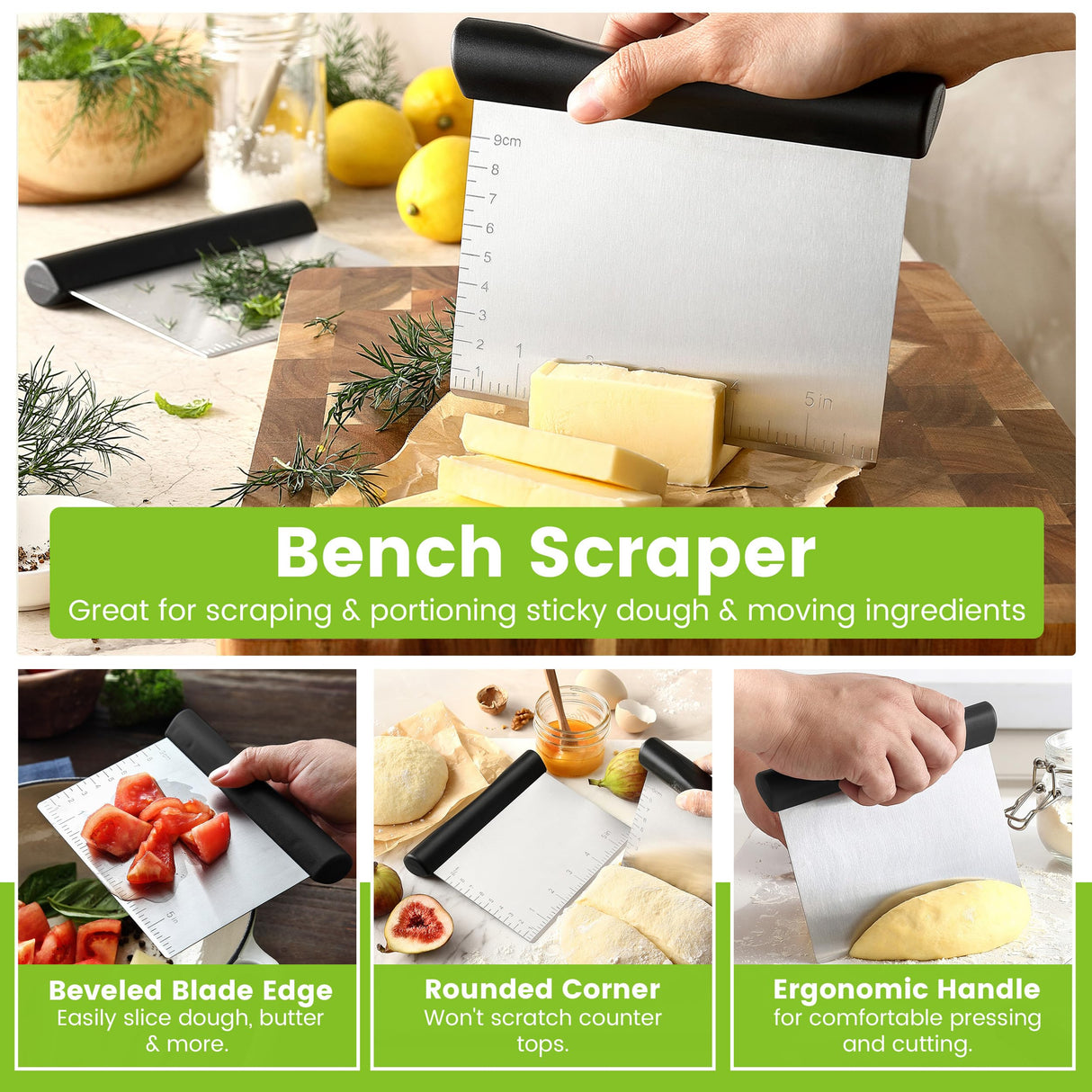 Dough Blender & Pastry Cutter Tool, Stainless Steel Pastry Blender & Bench Scraper for Pizza, Nut, Pie - Multipurpose Dough Cutter & Scraper Tool for Baking with Soft Grip Handles - Black