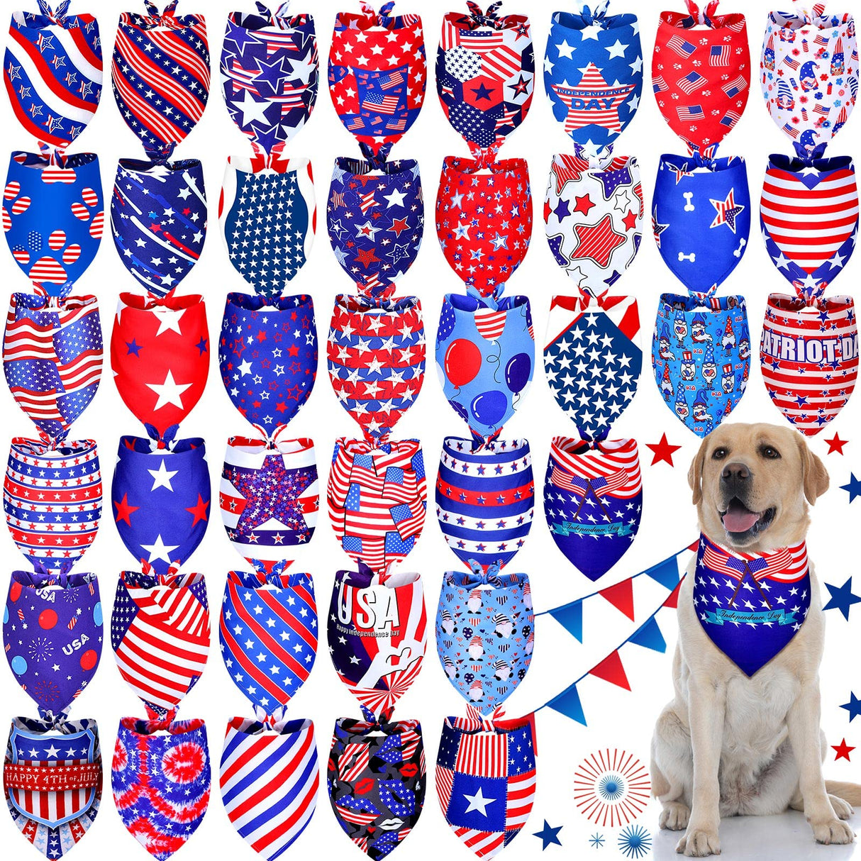 Sadnyy 40 Pcs Veteran Day Dog Bandana Bulk Memorial Patriotic American Flag Star Stripe Adjustable Bandana for Dogs 4th of July Puppy Kerchief National Independence Red White Blue USA Pet Scarf(XL)