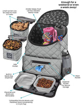 Mobile Dog Gear, Dog Travel Bag, Deluxe Quilted Weekender Backpack, Includes Lined Food Carriers and 2 Collapsible Dog Bowl, Gray