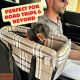 Kumdita' Center Console Dog Car Seat & Carrier for Small Dogs & Cats – Portable Booster with Sewn-in Leash, Machine Washable, Fits Most Vehicles (Classic Beige Check)