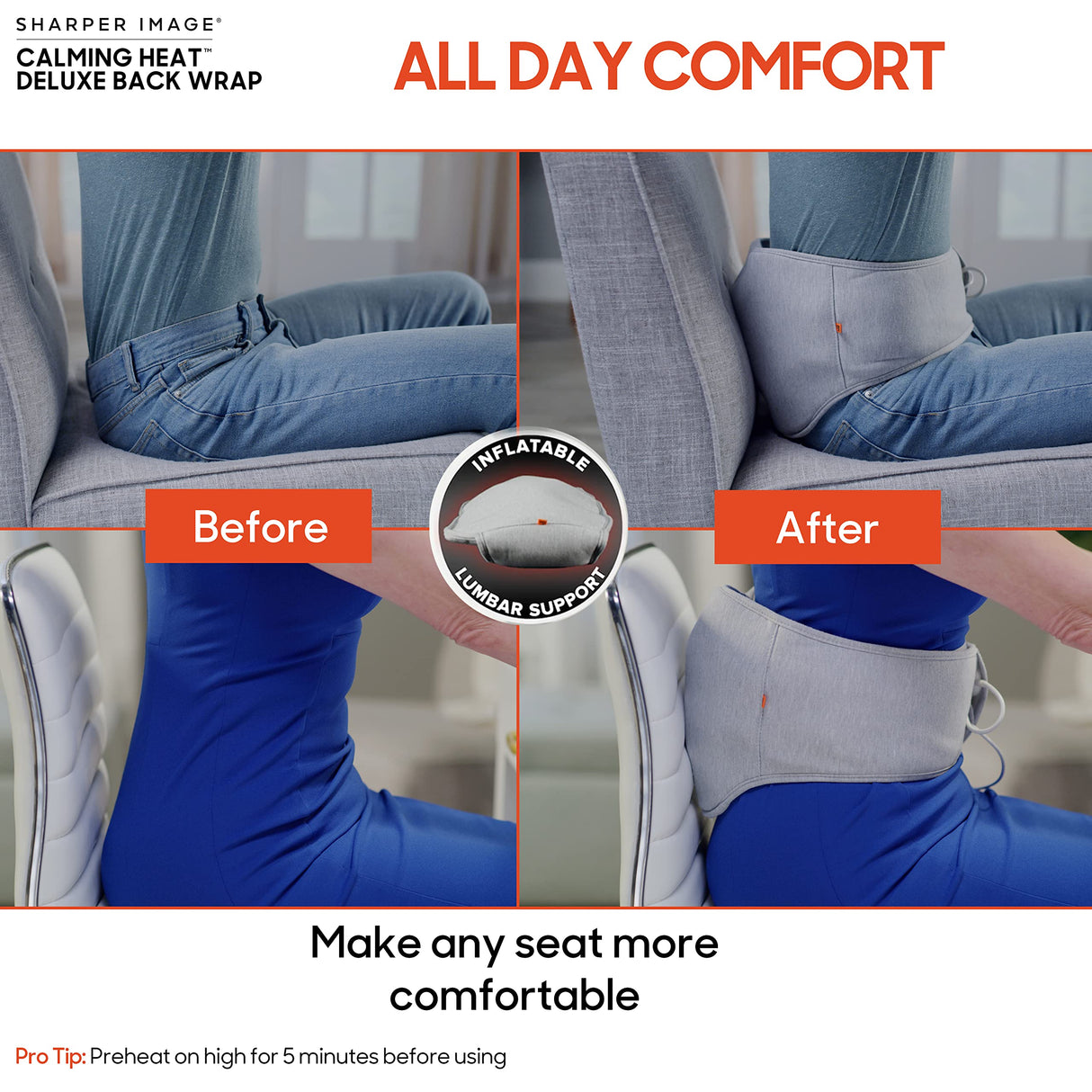 Calming Heat Back Wrap by Sharper Image- Cordless Electric Back Heating Pad, Inflatable Lumbar, Soothing Heat & Vibration- 27 Settings 3 Heat, 9 Vibration, 3 Lumbar Includes Portable Power Pack