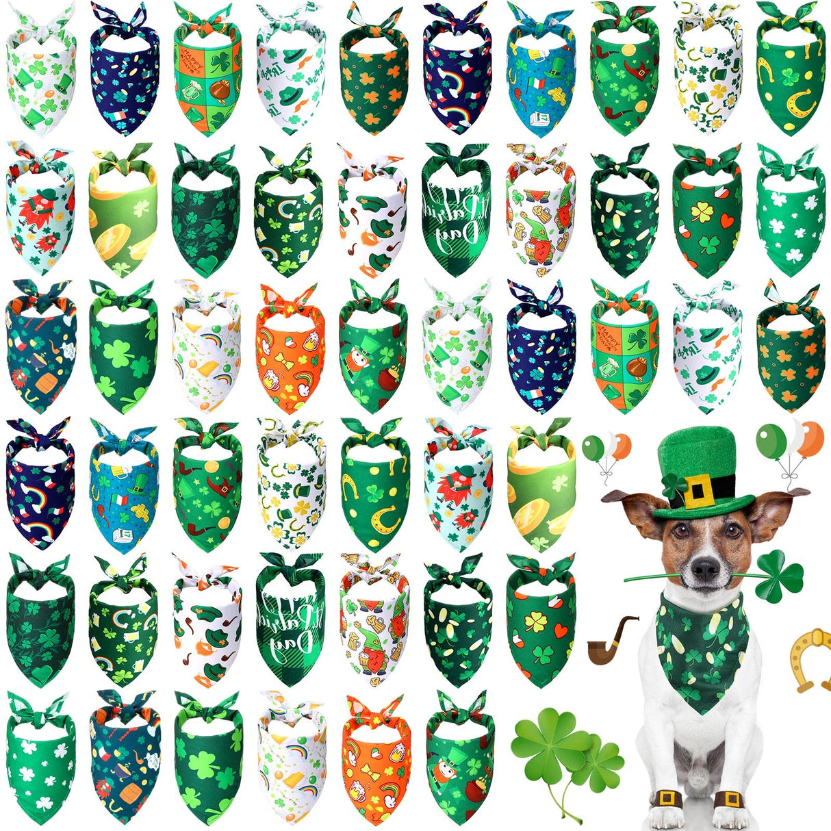 Sanwuta 50 Pieces St. Particks Dog Bandanas Bulk Bibs Triangle Dog Bandanas with Clover Patterns for St. Particks Pet Costume Decoration(25 x 17 x 17 Inch)