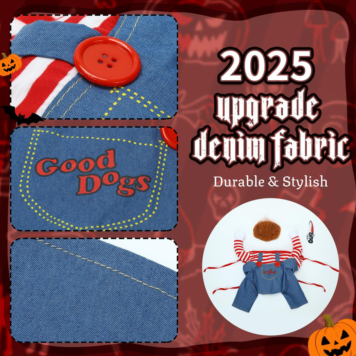 T2Y Dog Halloween Costume Pet Deadly Doll Chucky Dogs Costume with Knife & Wig, Dog Costumes for Medium Dogs Funny Party Cosplay Halloween for Corgi, Pug, Frenchie, Dachshund【XL】