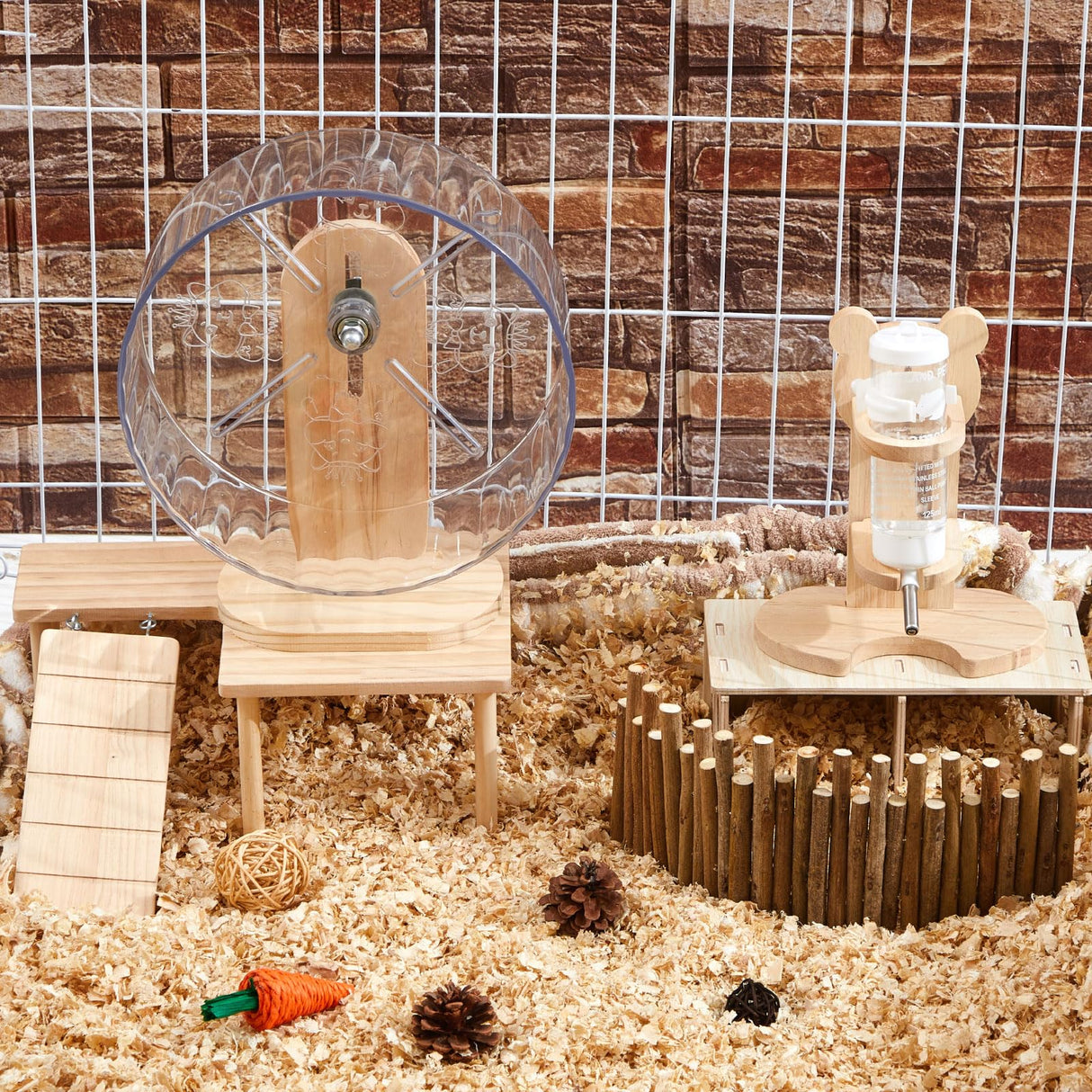 Sonwyoung 6 Pcs Hamster Toys Set, Maze Wood House, Climbing Ladder Wooden Bridge Tunnel Toy Platform Silent Exercise Running Wheels and Water Bottle Set for Rat Guinea Pig Habitat Cage(Basic)