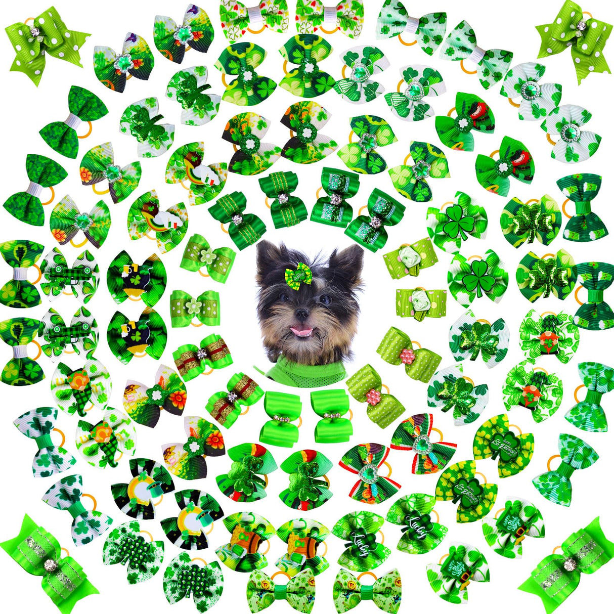 Mruq pet 80pcs St.Patrick's Day Dog Bows, Holiday Pet Dog Hair Grooming Bows with Rubber Bands, St.Patrick's Day Green Lucky Clover Element Dog Hair Bows for Dog Puppy Yorkie Hair Accessories