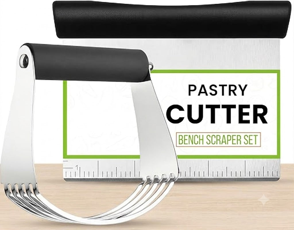 Dough Blender & Pastry Cutter Tool, Stainless Steel Pastry Blender & Bench Scraper for Pizza, Nut, Pie - Multipurpose Dough Cutter & Scraper Tool for Baking with Soft Grip Handles - Black