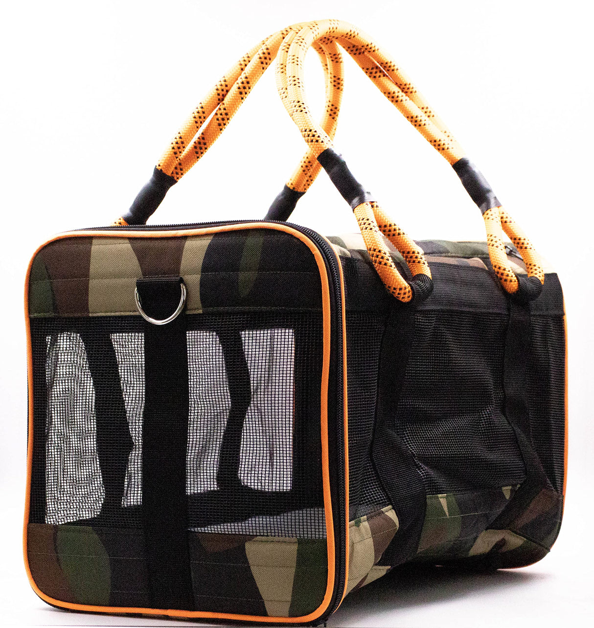 Buddy's Best Airline Approved Pet Carrier – Army Camo & Orange for Dog or Cat, Fits Under Seat, TSA Compliant, Ventilated Mesh Design w/Waterproof Base & Reflective Strips