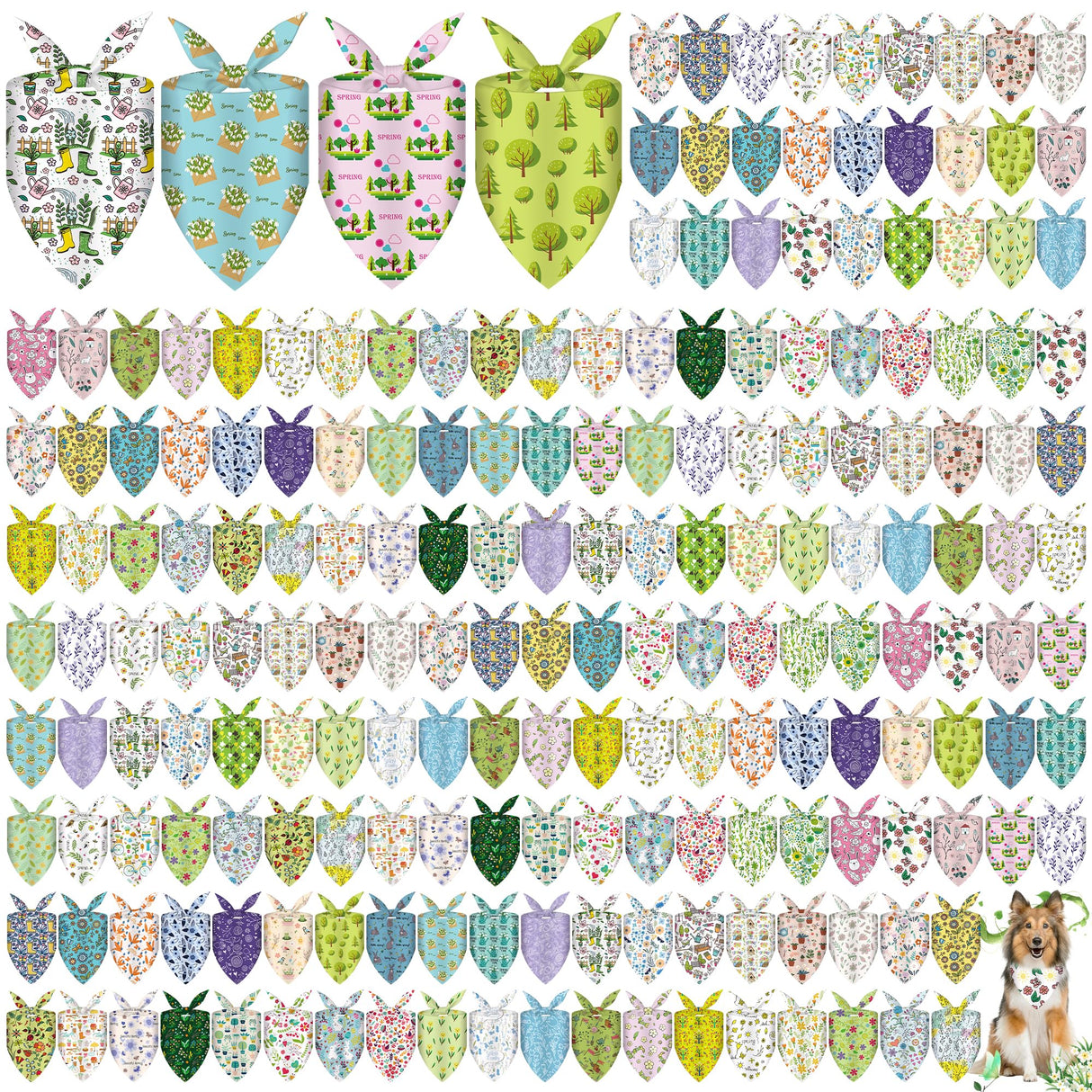 Cresue 200 Pcs Spring Dog Bandanas Bulk Floral Pet Scarves Fresh Adjustable Bibs for X-M-L Dogs Washable Seasonal Puppy Kerchief for Groomers Shelters