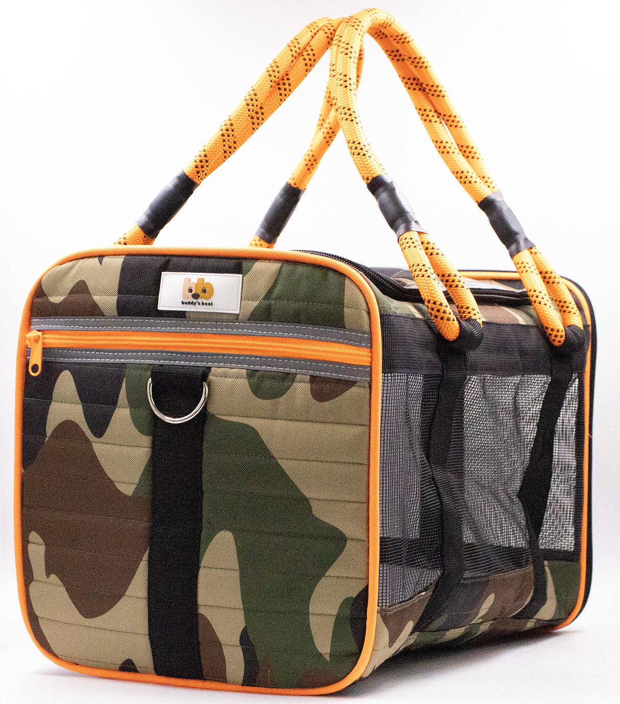 Buddy's Best Airline Approved Pet Carrier – Army Camo & Orange for Dog or Cat, Fits Under Seat, TSA Compliant, Ventilated Mesh Design w/Waterproof Base & Reflective Strips