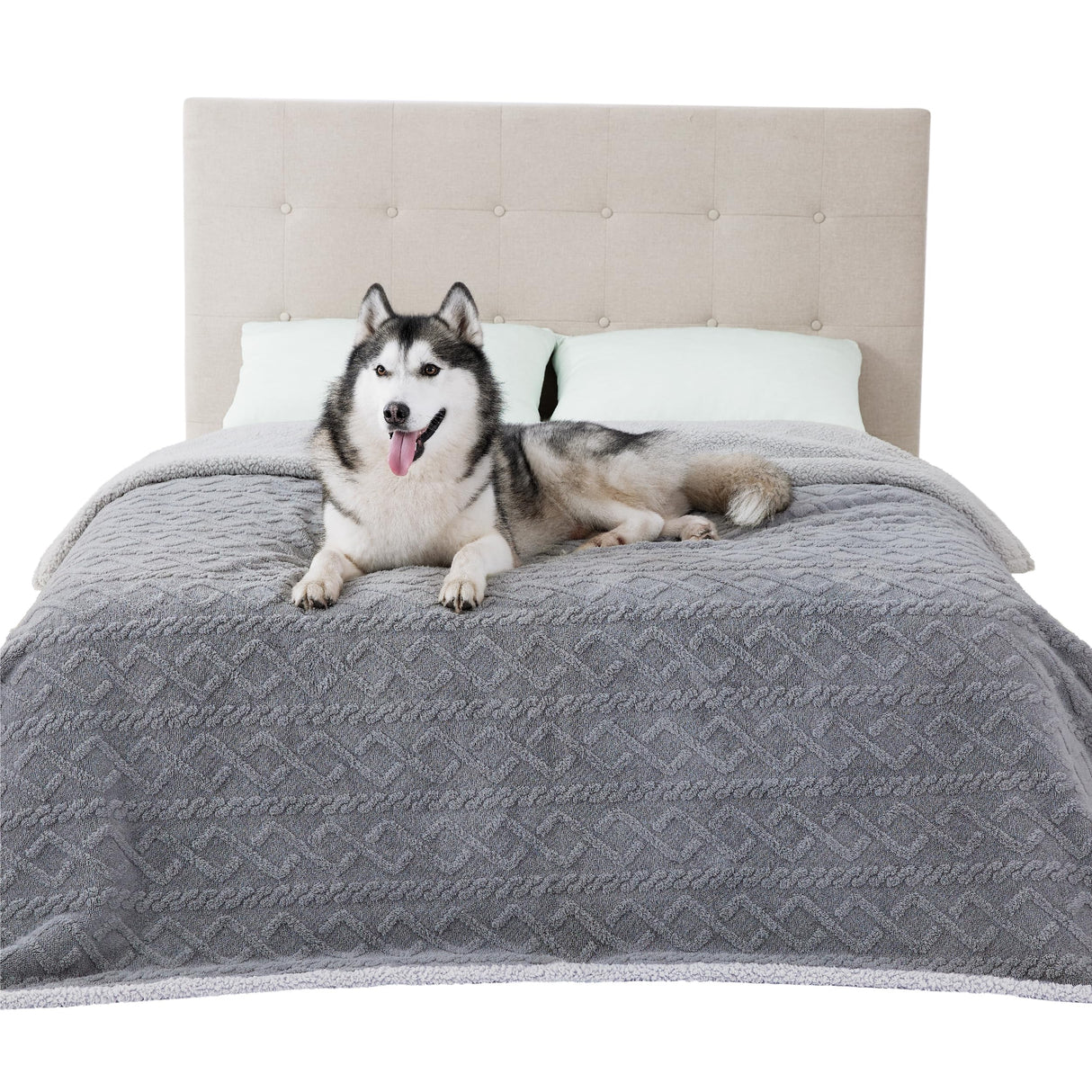 Bedsure Waterproof Dog Blankets for Bed - Pet Blanket for Bed Couch Protector Washable, Jacquard Coral Fleece Cat Throw Blanket, Soft Plush Reversible Furniture Protection, King, 86x108, Grey